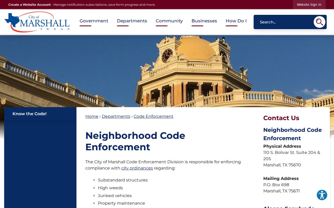 Marshall residents directory city code enforcement records page